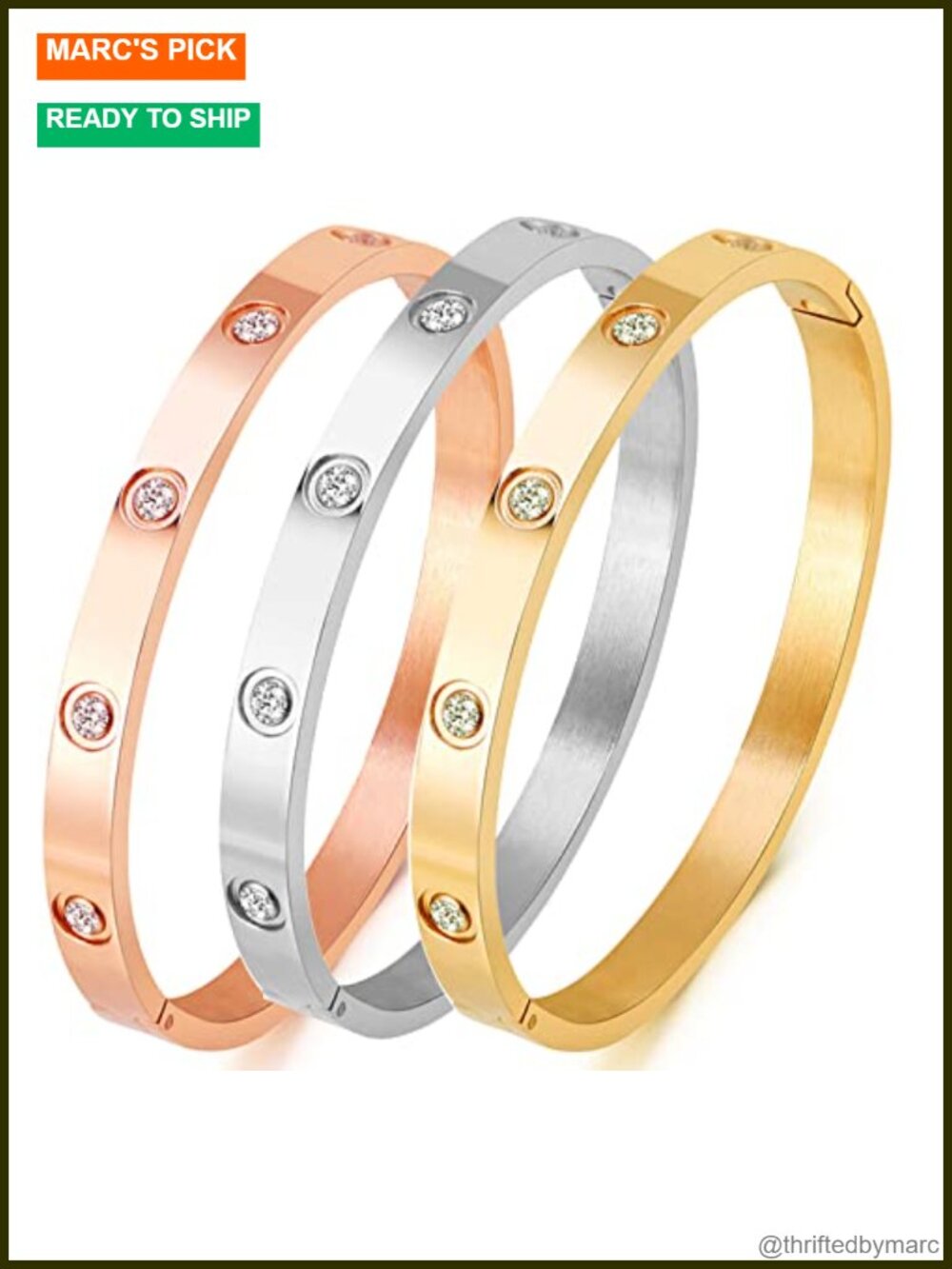 18K Gold Plated Love Bangle Bracelet with Cubic Zirconia Stainless Steel